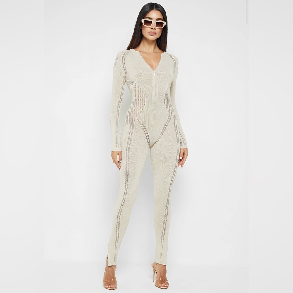 NEW Maniere De Voir Knitted Contour Jumpsuit (Beige)